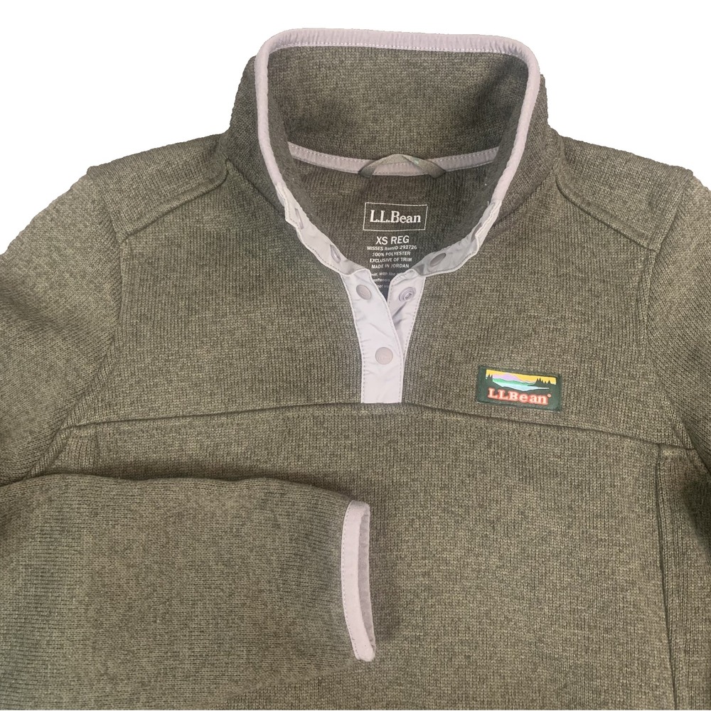 L.L. Bean Sweater Fleece Women's XS Pullover Green 1/4 Snap Landscape Logo Patch